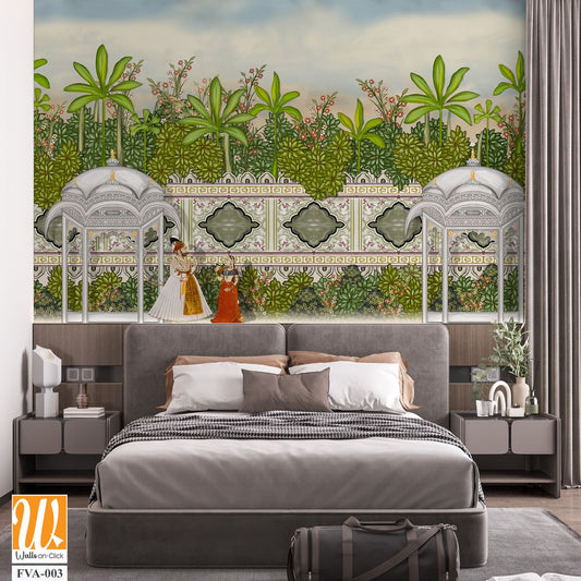 Beautiful garden scene with Indian Royalty Wallpaper [WP-FVA-003]