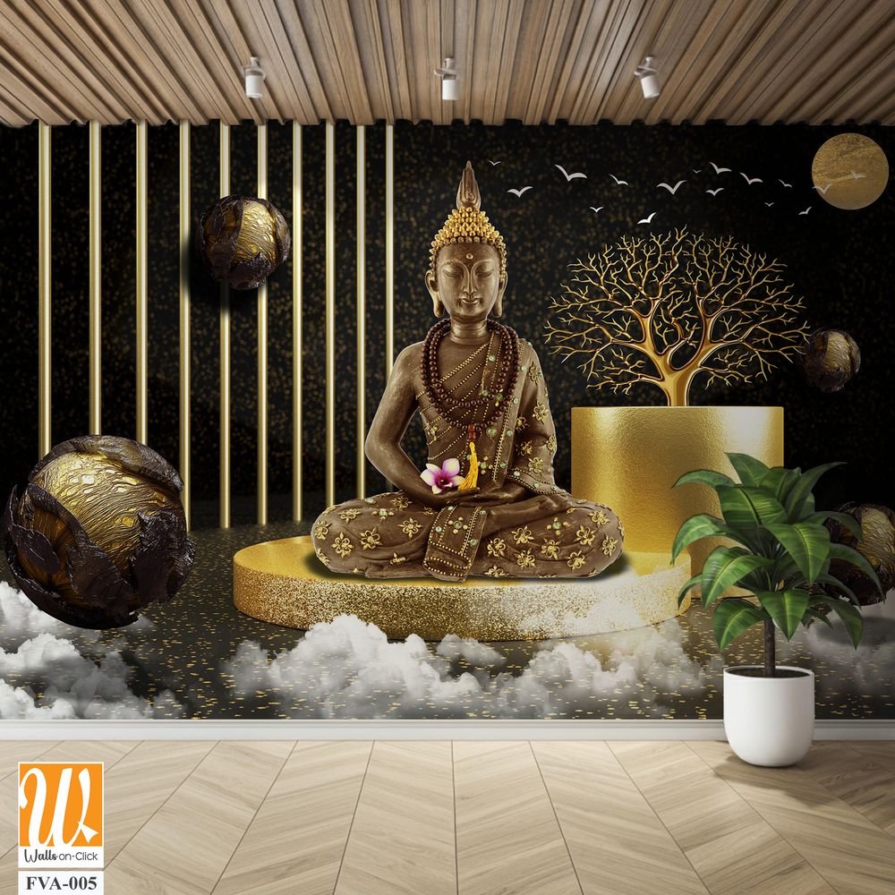 Gold Buddha statue sitting on a golden podium Wallpaper [WP-FVA-005]