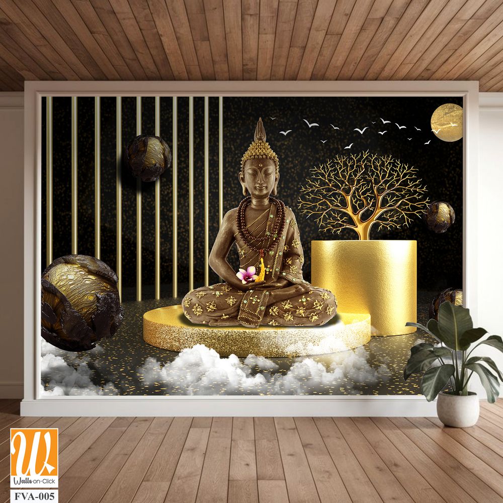 Gold Buddha statue sitting on a golden podium Wallpaper [WP-FVA-005]