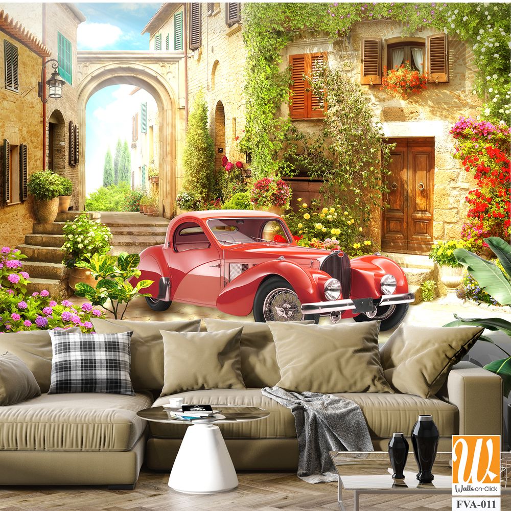 Vintage red car in an old Italian village Wallpaper [WP-FVA-011]