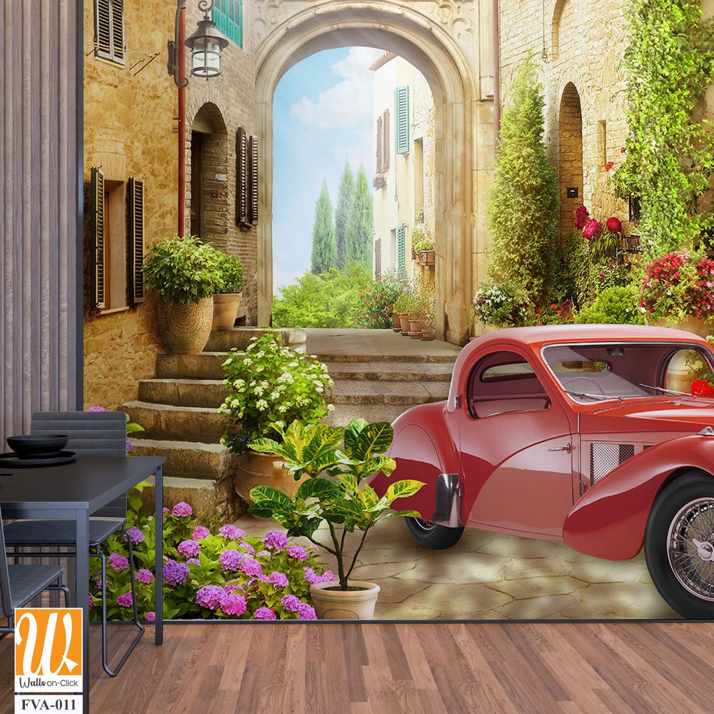 Vintage red car in an old Italian village Wallpaper [WP-FVA-011]