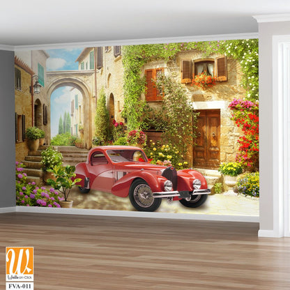 Vintage red car in an old Italian village Wallpaper [WP-FVA-011]