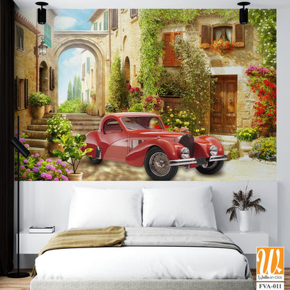 Vintage red car in an old Italian village Wallpaper [WP-FVA-011]