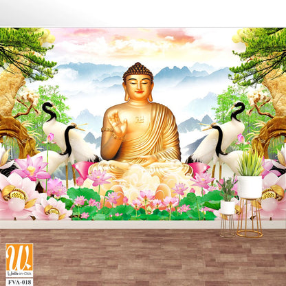 Buddha statue with lotus flowers and cranes Wallpaper [WP-FVA-018]