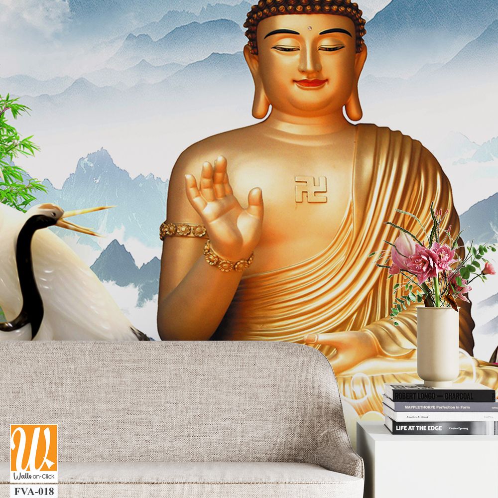 Buddha statue with lotus flowers and cranes Wallpaper [WP-FVA-018]