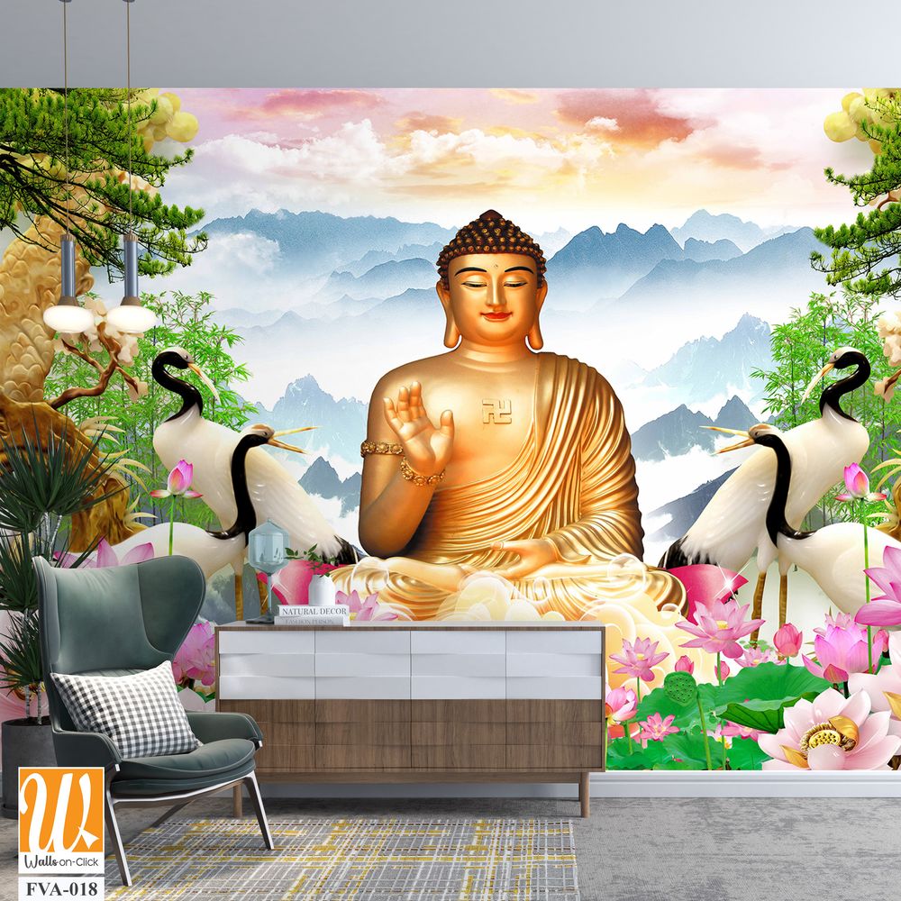 Buddha statue with lotus flowers and cranes Wallpaper [WP-FVA-018]