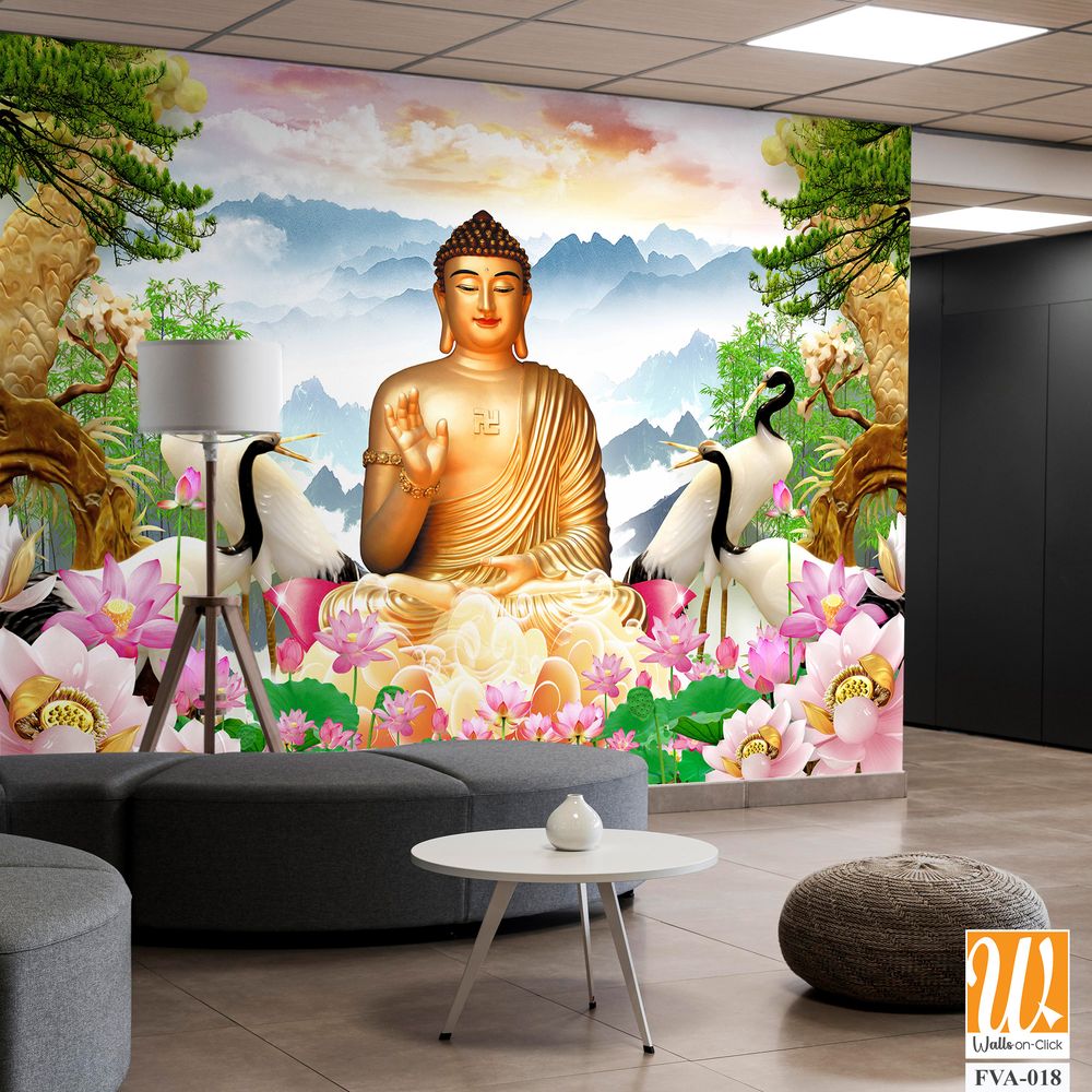 Buddha statue with lotus flowers and cranes Wallpaper [WP-FVA-018]