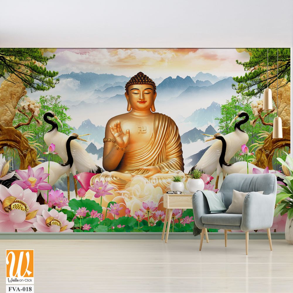 Buddha statue with lotus flowers and cranes Wallpaper [WP-FVA-018]