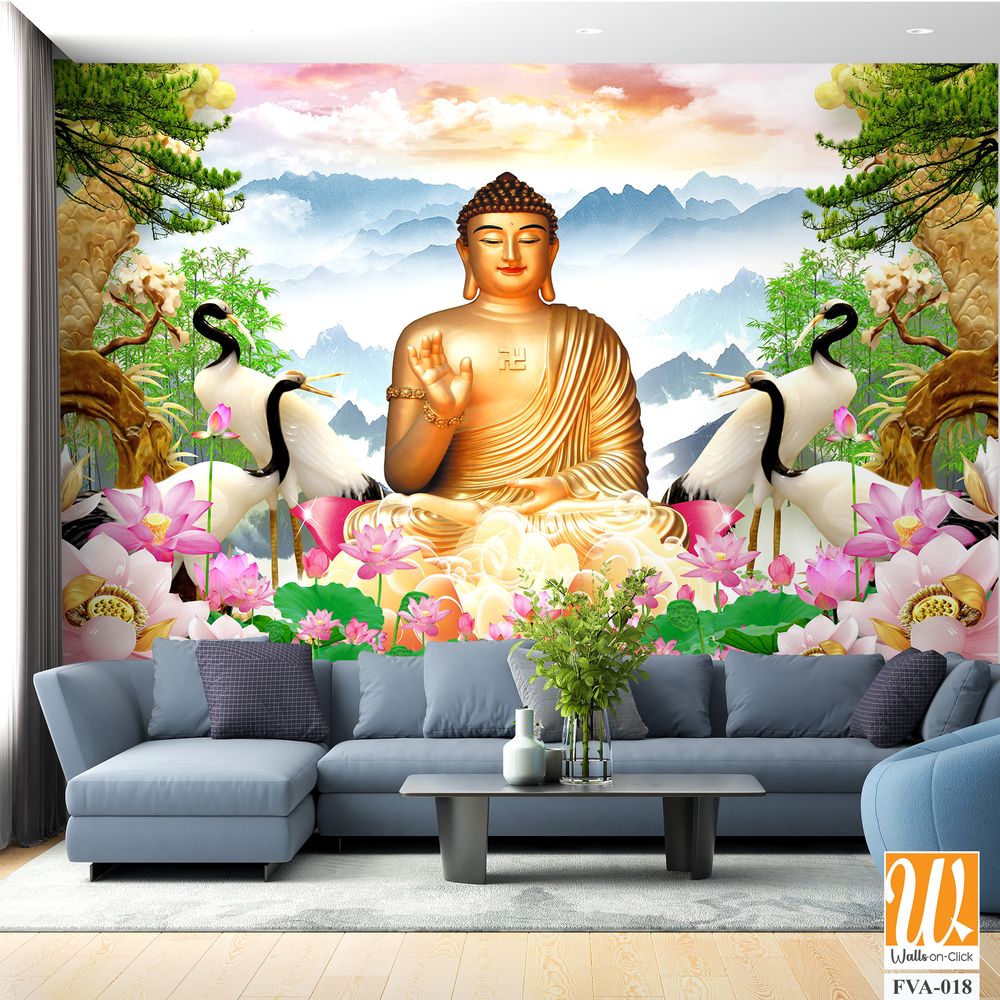 Buddha statue with lotus flowers and cranes Wallpaper [WP-FVA-018]