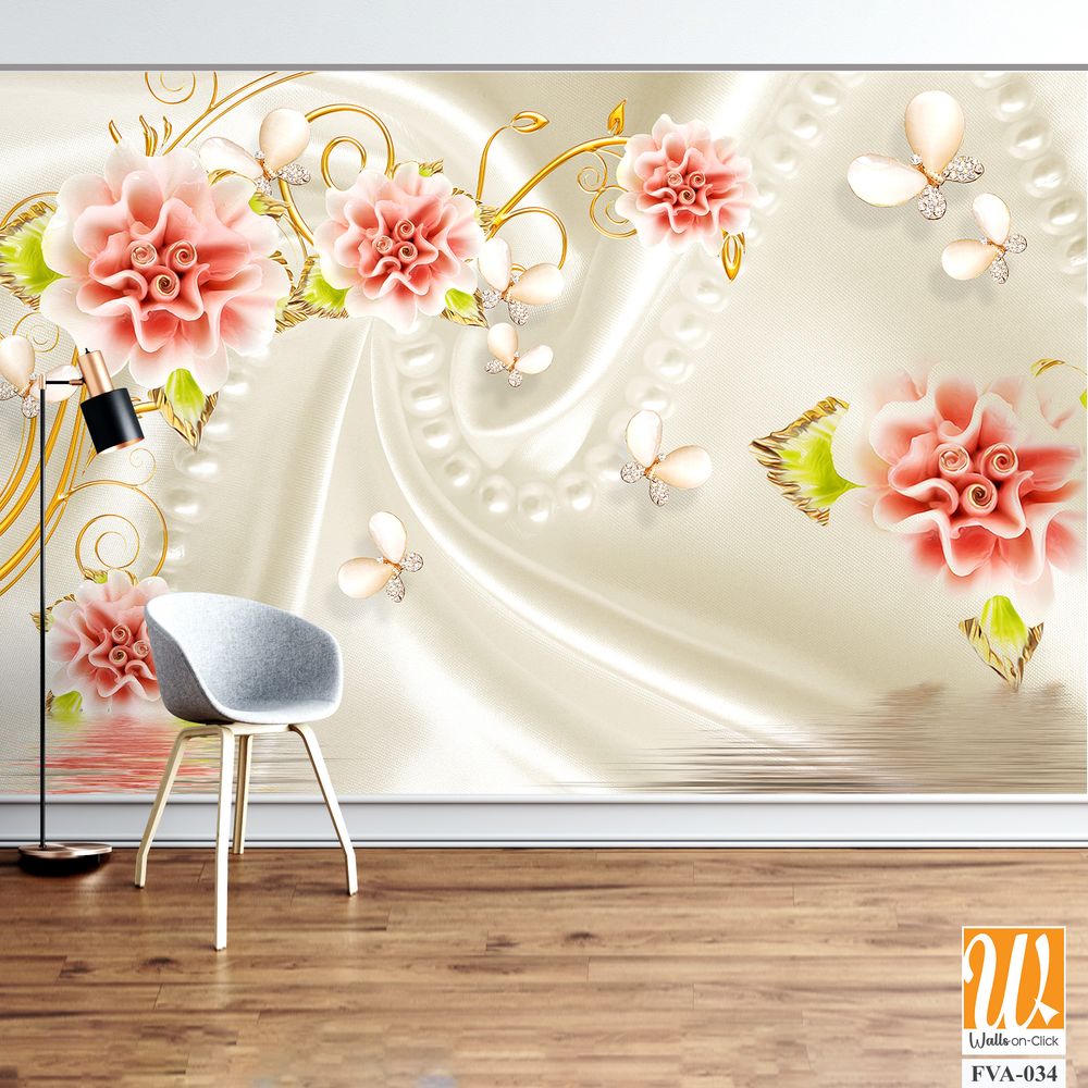 3D wallpaper, white silk background with pink roses [WP-FVA-034]