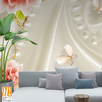 3D wallpaper, white silk background with pink roses [WP-FVA-034]