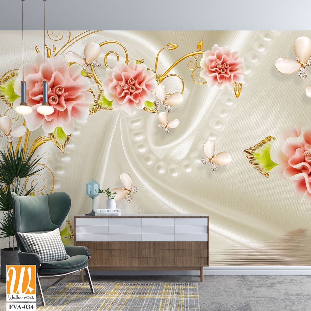 3D wallpaper, white silk background with pink roses [WP-FVA-034]