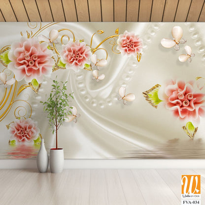 3D wallpaper, white silk background with pink roses [WP-FVA-034]