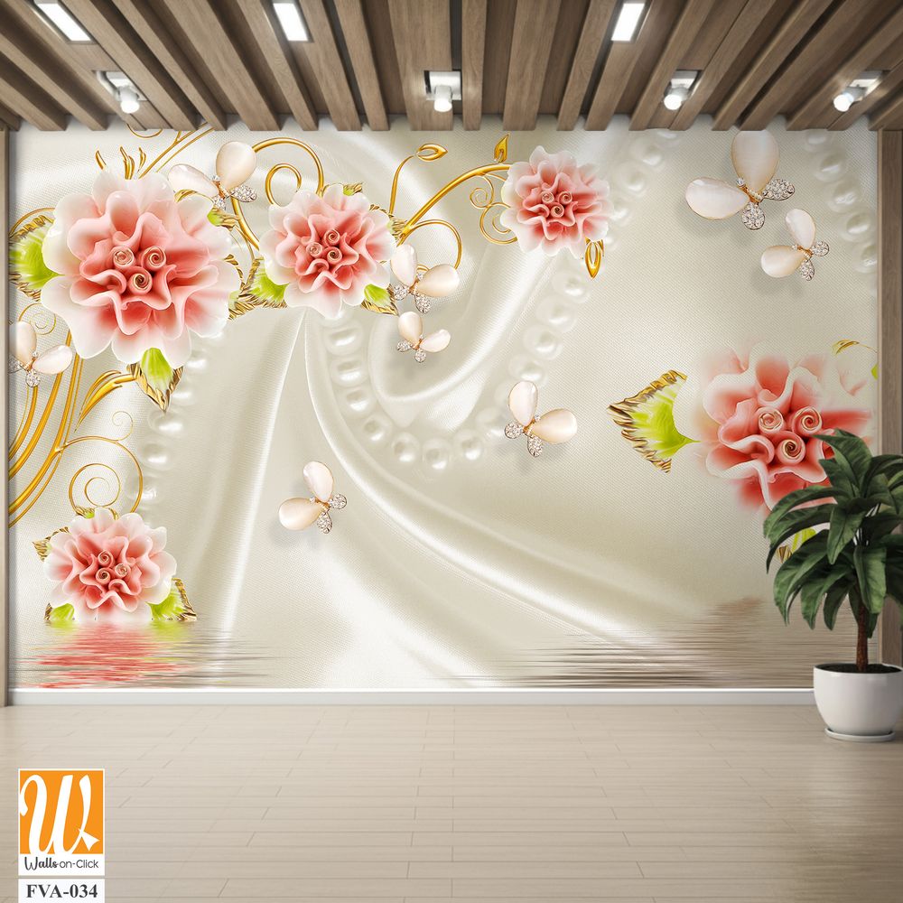 3D wallpaper, white silk background with pink roses [WP-FVA-034]