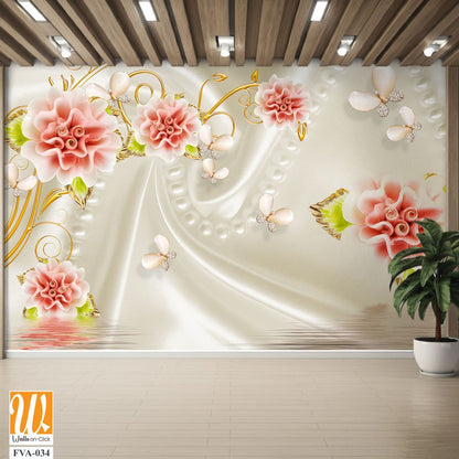 3D wallpaper, white silk background with pink roses [WP-FVA-034]