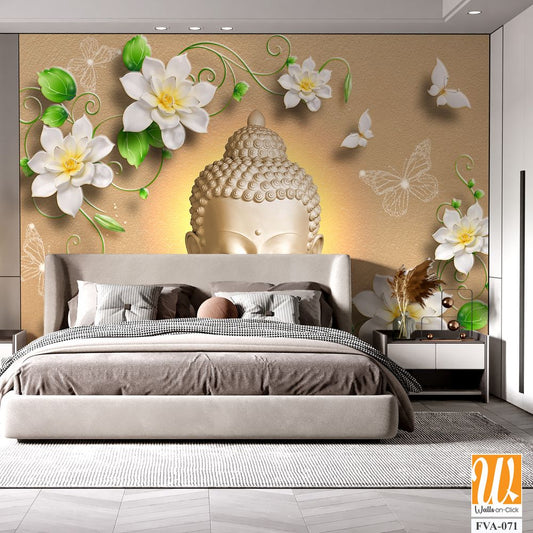 Buddha face with white flowers and green leaves Wallpaper [WP-FVA-071]