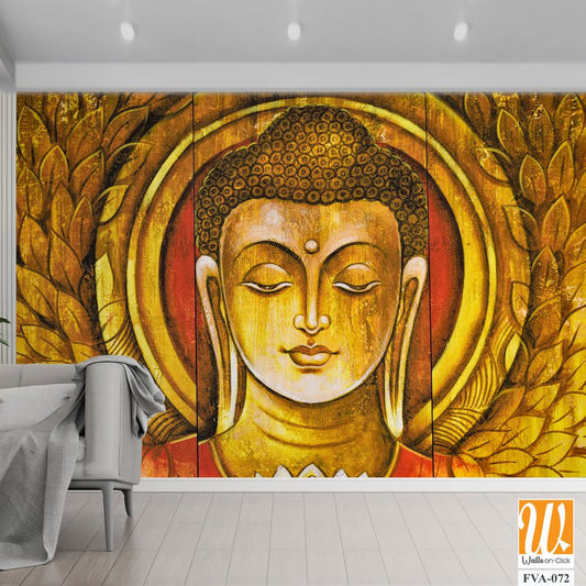 Buddha portrait with decorative leaves on a wooden panel Wallpaper [WP-FVA-072]