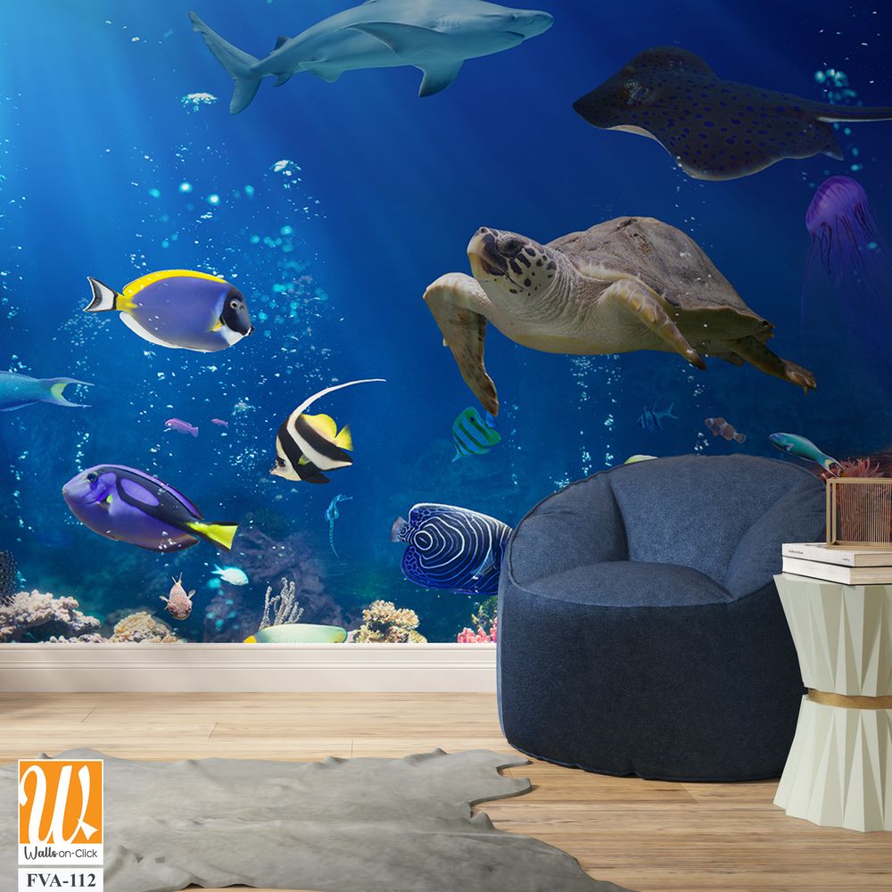 Underwater scene with colorful fishes, sea turtles [WP-FVA-112]