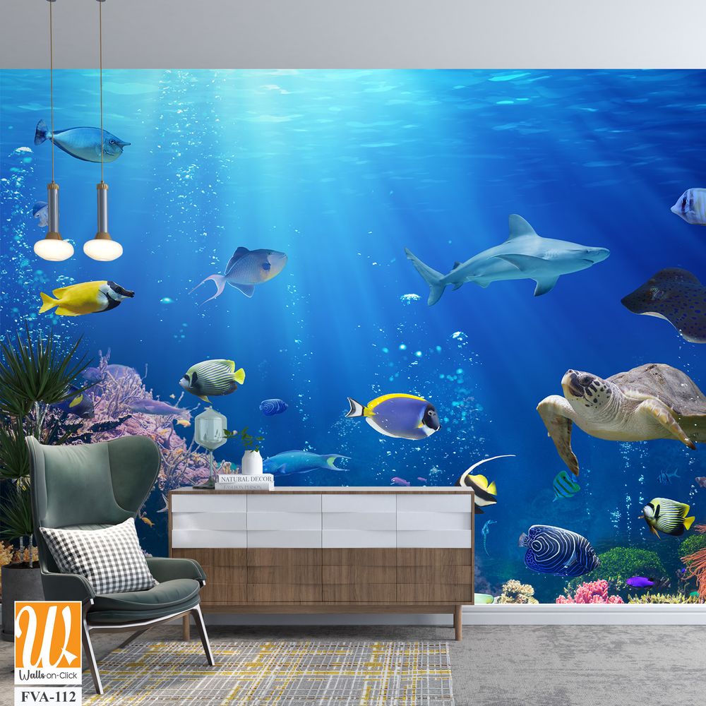 Underwater scene with colorful fishes, sea turtles [WP-FVA-112]