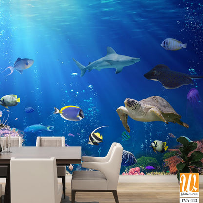 Underwater scene with colorful fishes, sea turtles [WP-FVA-112]