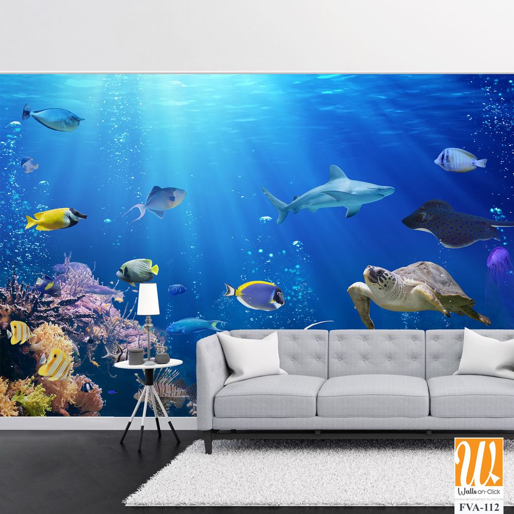 Underwater scene with colorful fishes, sea turtles [WP-FVA-112]