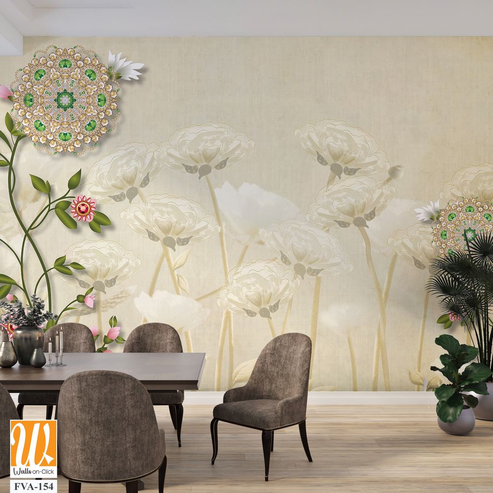 3D floral background with white flowers and green leaves Wallpaper [WP-FVA-154]