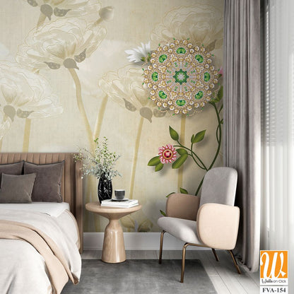 3D floral background with white flowers and green leaves Wallpaper [WP-FVA-154]