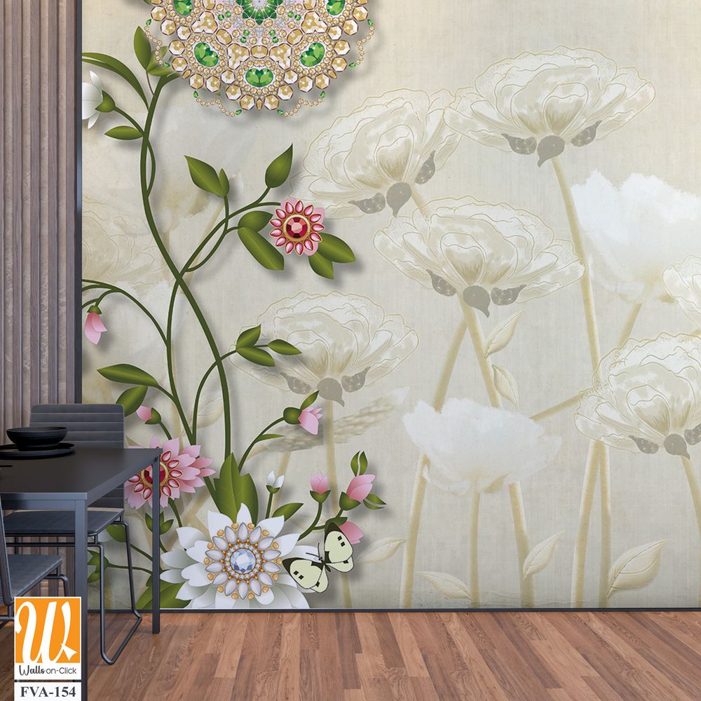 3D floral background with white flowers and green leaves Wallpaper [WP-FVA-154]