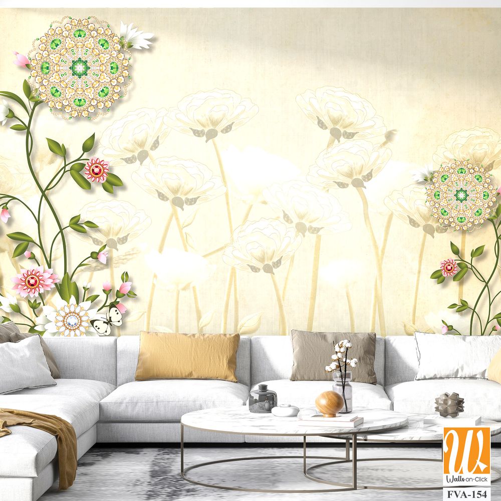 3D floral background with white flowers and green leaves Wallpaper [WP-FVA-154]