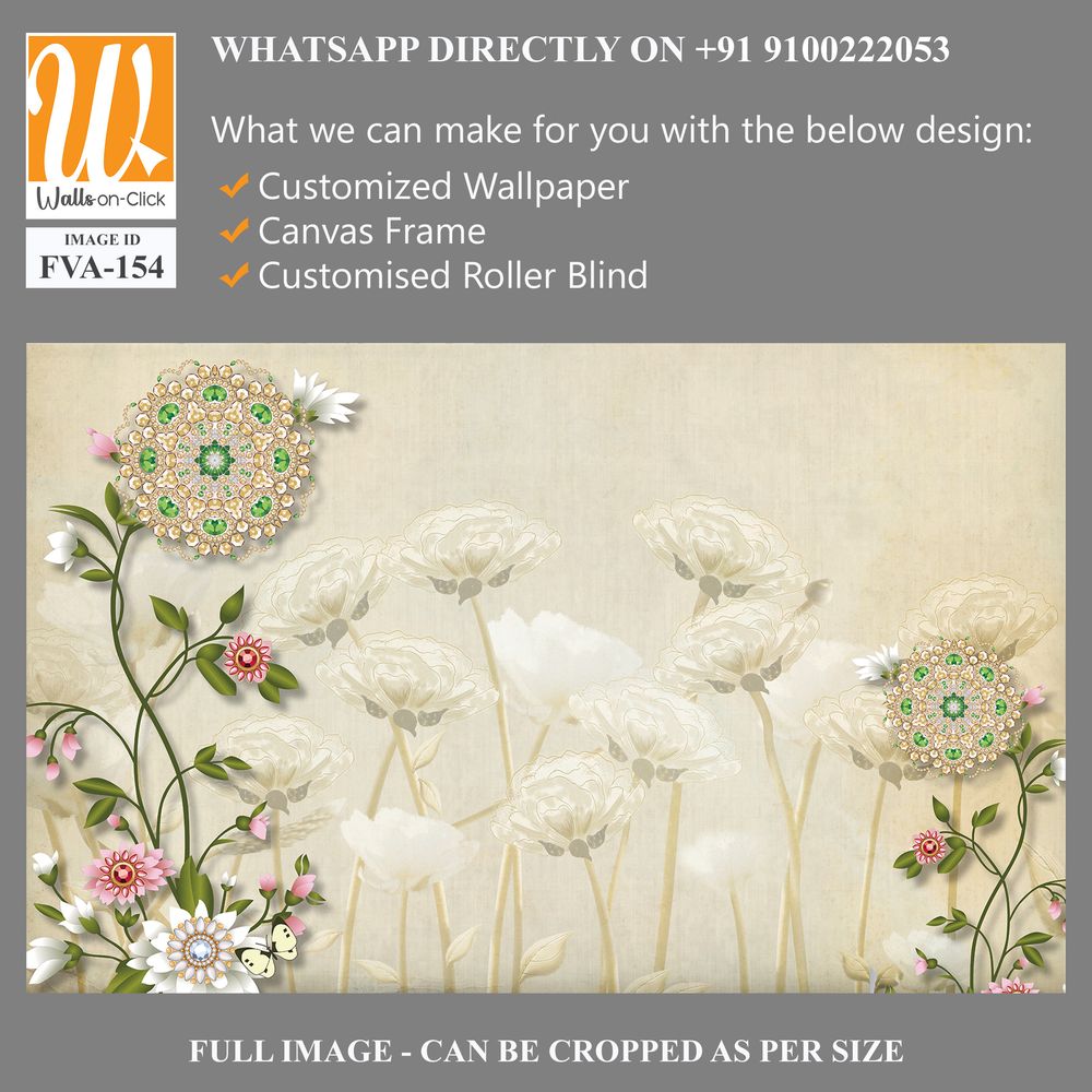 3D floral background with white flowers and green leaves Wallpaper [WP-FVA-154]