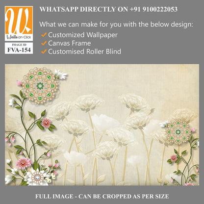 3D floral background with white flowers and green leaves Wallpaper [WP-FVA-154]