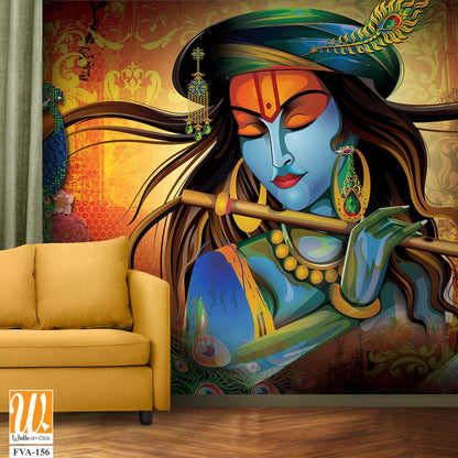 Lord Krishna with a flute in a colorful illustration Wallpaper [WP-FVA-156]