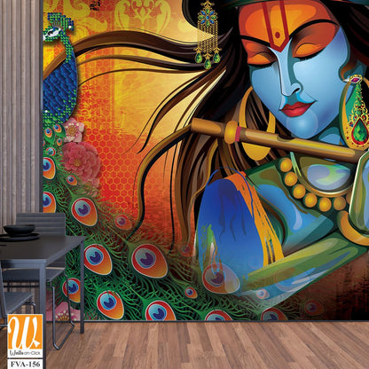 Lord Krishna with a flute in a colorful illustration Wallpaper [WP-FVA-156]