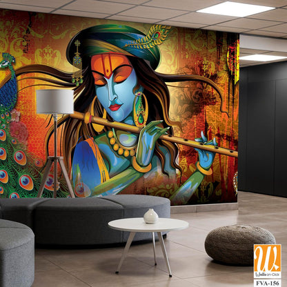 Lord Krishna with a flute in a colorful illustration Wallpaper [WP-FVA-156]