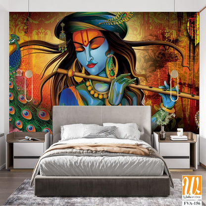 Lord Krishna with a flute in a colorful illustration Wallpaper [WP-FVA-156]