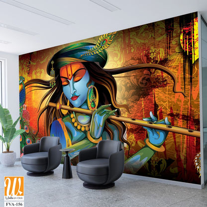 Lord Krishna with a flute in a colorful illustration Wallpaper [WP-FVA-156]