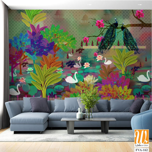 Whimsical garden scene with swans, peacocks, and lily pads Wallpaper [WP-FVA-162]