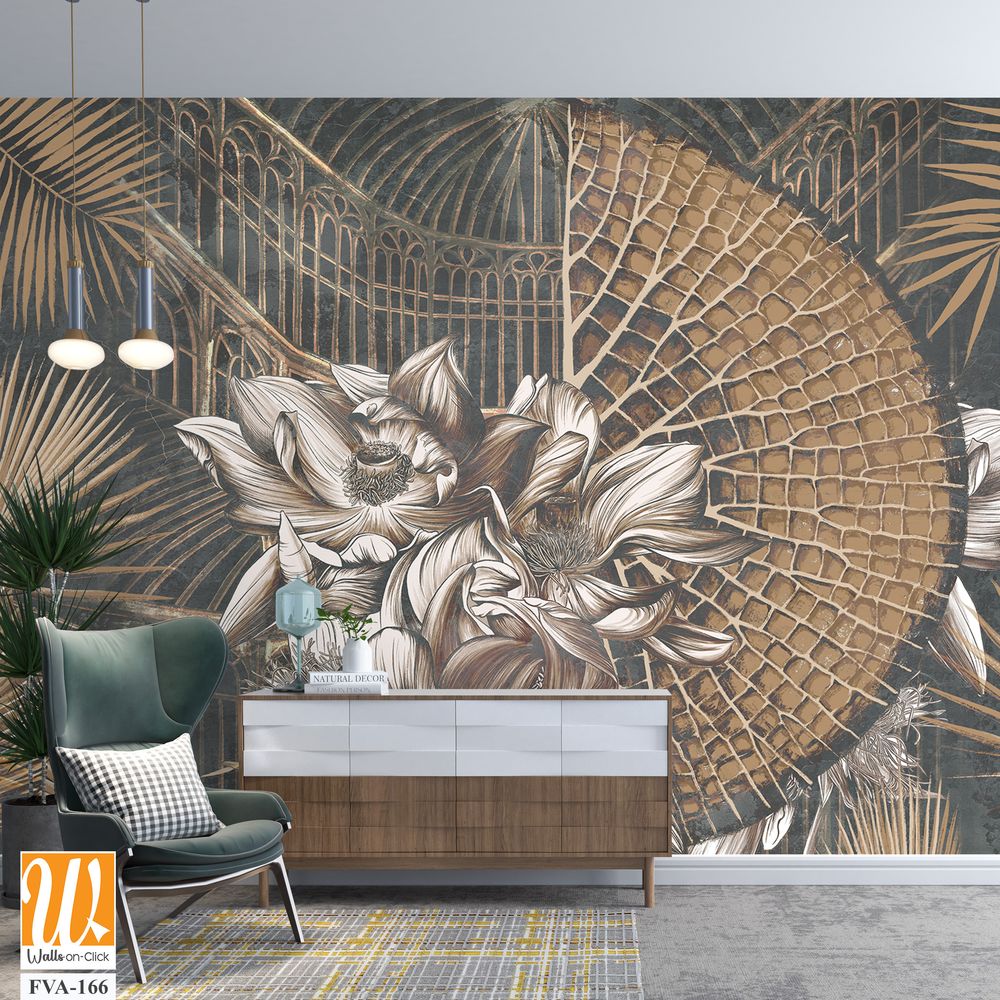 Floral wallpaper with exotic jungle leaves and water lilies [WP-FVA-166]