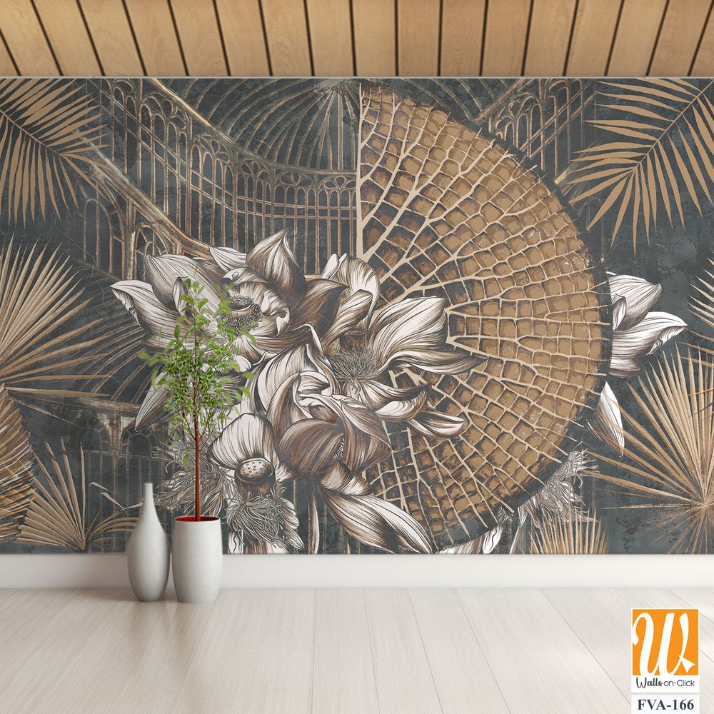 Floral wallpaper with exotic jungle leaves and water lilies [WP-FVA-166]