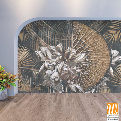 Floral wallpaper with exotic jungle leaves and water lilies [WP-FVA-166]