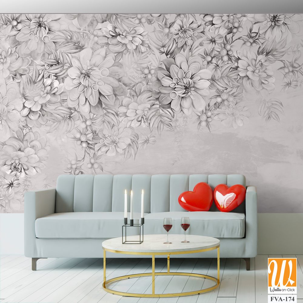 Art painted flowers on the textured wall photo wallpaper in the interior in black and white style [WP-FVA-174]