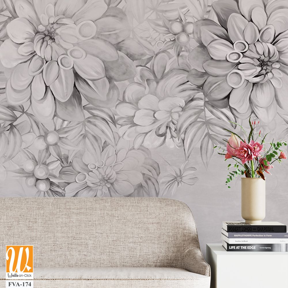 Art painted flowers on the textured wall photo wallpaper in the interior in black and white style [WP-FVA-174]