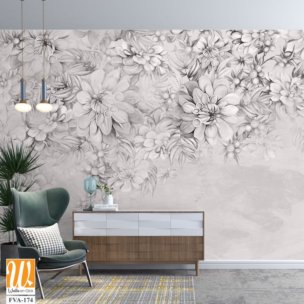 Art painted flowers on the textured wall photo wallpaper in the interior in black and white style [WP-FVA-174]