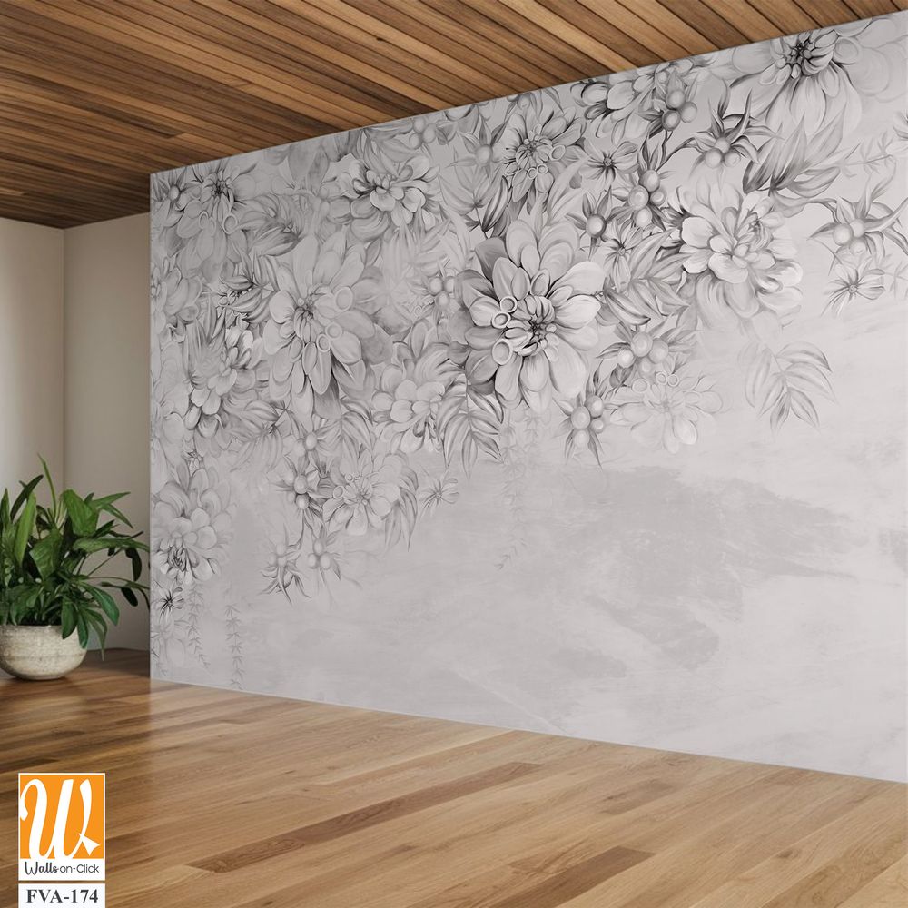 Art painted flowers on the textured wall photo wallpaper in the interior in black and white style [WP-FVA-174]