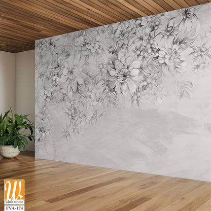 Art painted flowers on the textured wall photo wallpaper in the interior in black and white style [WP-FVA-174]