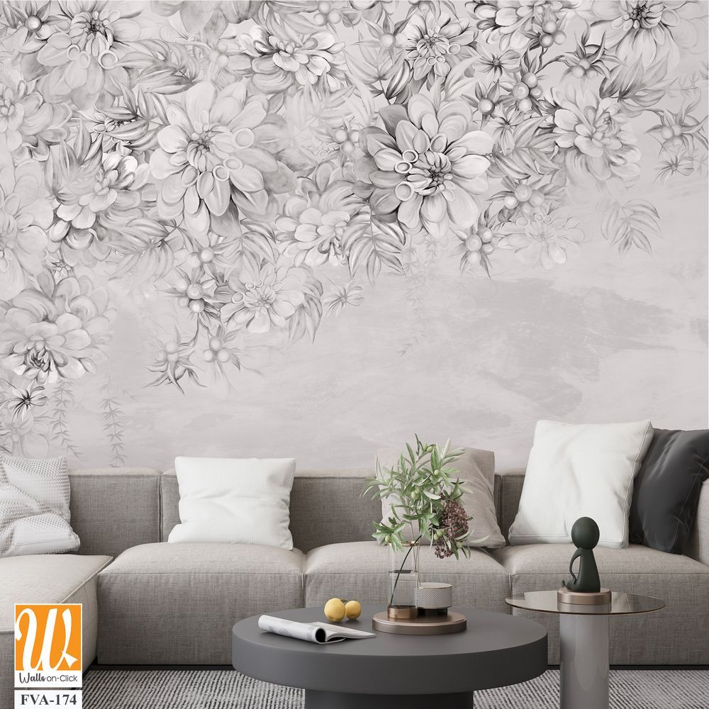 Art painted flowers on the textured wall photo wallpaper in the interior in black and white style [WP-FVA-174]