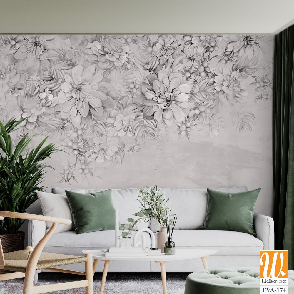 Art painted flowers on the textured wall photo wallpaper in the interior in black and white style [WP-FVA-174]