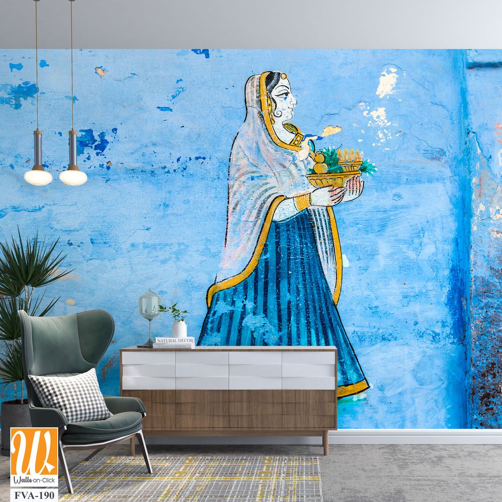 Hand-painted Indian mural of an elegant woman Wallpaper [WP-FVA-190]