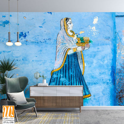 Hand-painted Indian mural of an elegant woman Wallpaper [WP-FVA-190]