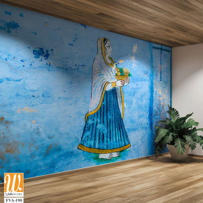 Hand-painted Indian mural of an elegant woman Wallpaper [WP-FVA-190]